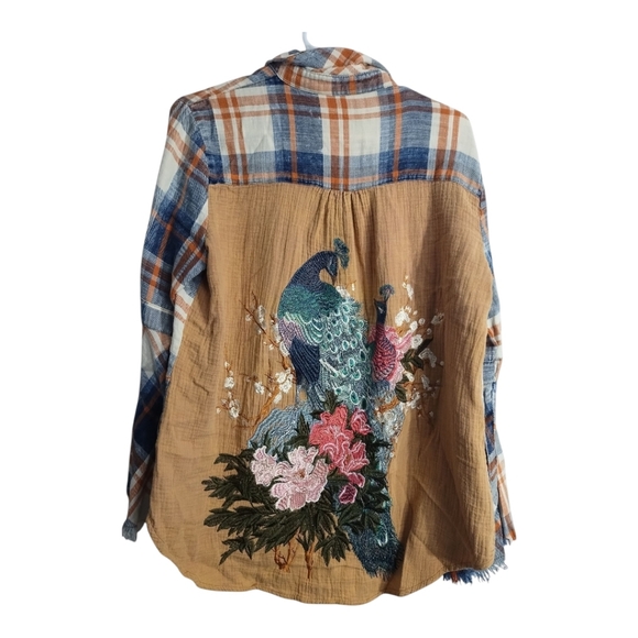 Aratta Silent Journey Embroidered Peacock Button Up Bell Sleeve Boho Blouse S - Picture 1 of 9